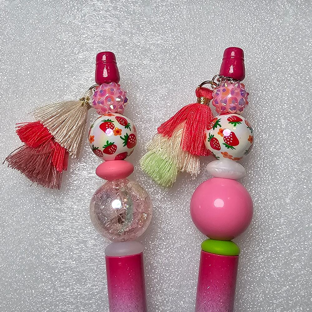 Strawberry Theme Beaded Ink Pen with Tassel Charm Black Ink Refill SET OF 2